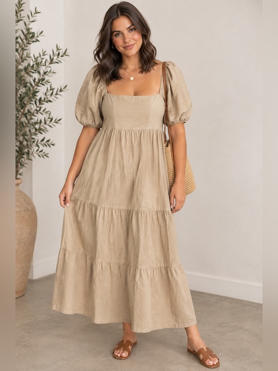 GAP Dresses & Skirts - GAP Puff Tiered Midi Dress in Sand Khaki Tan Size XL Tall NWT